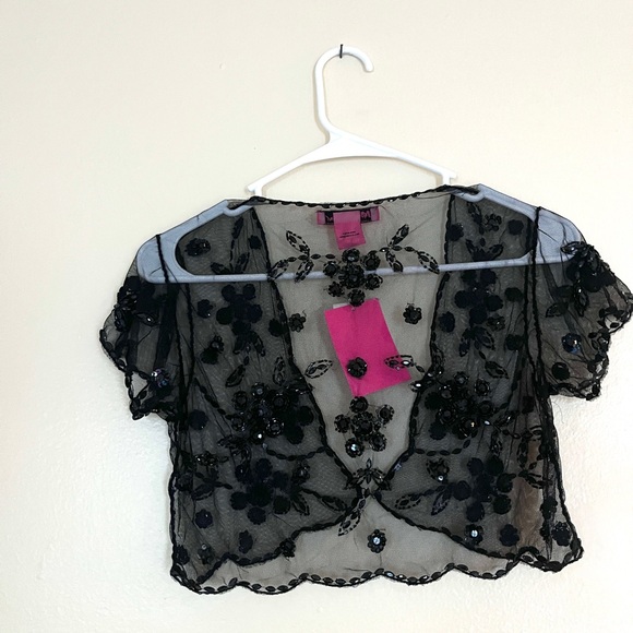 Betsey Johnson Black Sheer Floral Blouse Belaro shrug cropped sequin shawl - Picture 2 of 5